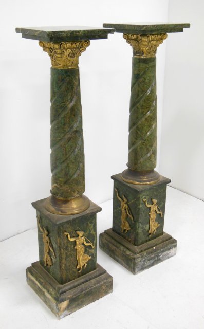 Pair green marble pedestals/bronze ormolu: 47 in H x 12 x 12 W.