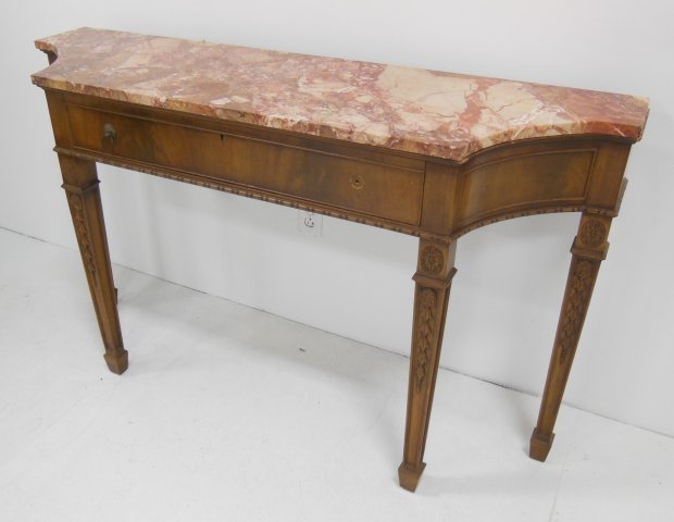 George III style Mahogany Marble Top Console: Slight chip on back corner of marble, slight robbing, missing one pull. Approx. 35" h, 58" w, 17" d.
