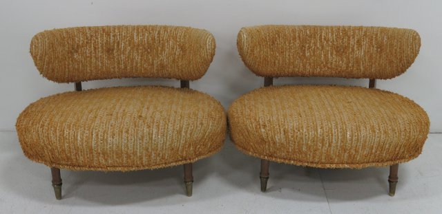 Pair mid century walnut and brass slipper chairs: Upholstered in mustard metallic coton upholstery worn 27 1/2"H x 36"W x 26"D (3394)