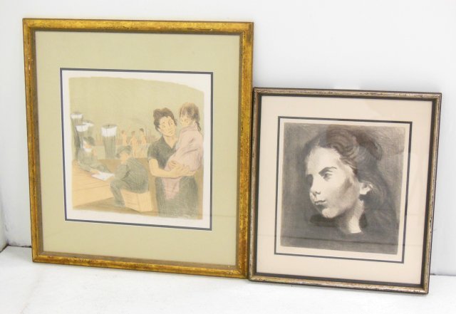 Raphael Soyer 2 lithographs: Raphael Soyer (1899-1987) American "Swimming at the Dock" Pencil signed lower right, artist proof, 14" x 14", 26" x 24" framed "Portrait Young Girl"-Pencil signed, numbered 213/280. 12 1/2" x 11 1/2",