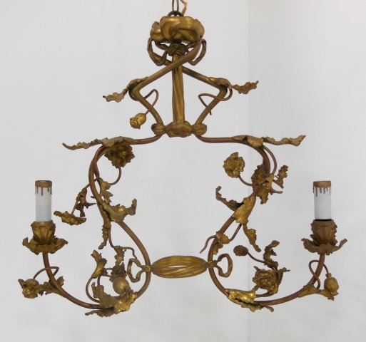 French ormolu & gilt metal 2 light chandelier: Gilding slightly worn, missing 1 flower head. Approx. 24" H x 25" W.(From the Estate of Chris Peckham)