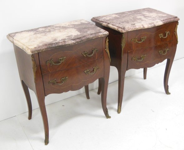Pair Louis XV Style Ormolu and Kingwood Tables: Pair of table de nuit with violet marble tops. Approx. 29 1/4" h, 22 1/2" w, 15 1/2" d. ( 2997.14 ). Good condition.