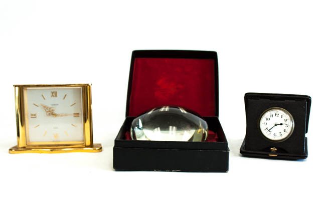 Group of 3 continental desk items: Including: Swiss clock by Looping, French travel clock, German magnifyer Looping clock approx. 6" W. Good condition. (From the Estate of Chris Peckham)