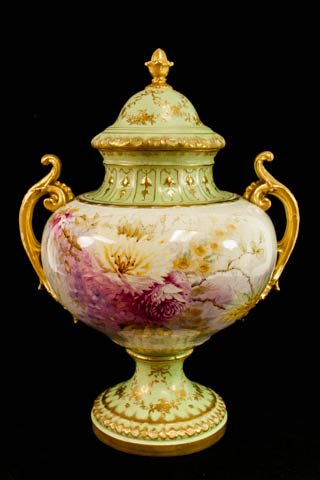 German Royal Bonn porcelain vase.: Lidded top. Gilt leaf tip handles. Total H: 17".