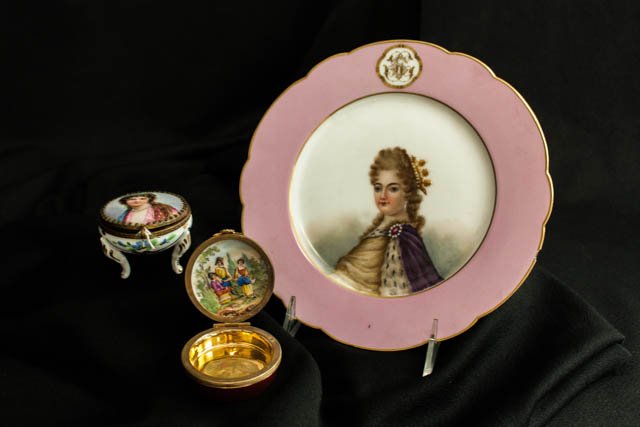 Group lot of porcelain- 3 pieces in total: Including: 2 pill boxes- Limoges & German, unsigned. Sevres portrait plate, approx. 8.5" Diam.