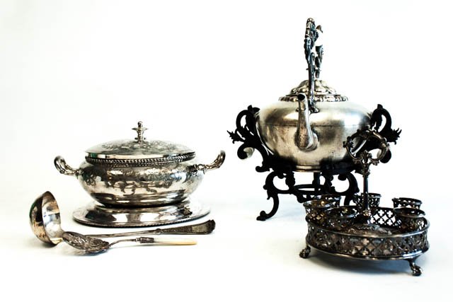 Silverplate lot-tip urn, casserole, ladle & more: Serving spoon, egg coddler (missing 1 cup)