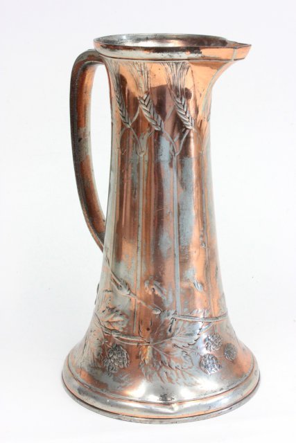 Kayserzinn Copper Pitcher: Silver plating worn, missing cover and some dents. Signed on bottom with numbers 4289. Approx. 13" high.