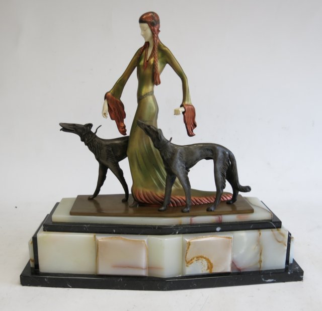 Patinated bronze & bone art deco style sculpture: "Woman Walking her 2 Dogs", signed on base Prof. O. Poertzel, Otto Poertzel, German sculptor 1876-1963, no foundry mark, mounted on marble & onyx base. Approx. 19" H with base, sculpture 14" H x 5" D