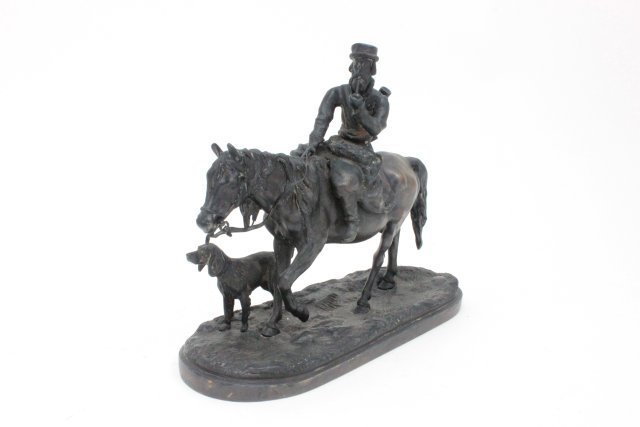 Russian bronze grouping: Depicting hunter on horseback with dog. Signed Grachev. Circa 1920's - 30's. 8 1/2" L x 3 1/2" W x 6" H.