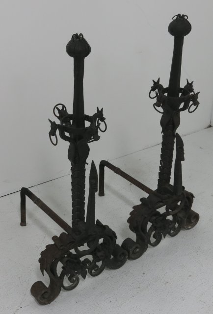Pair French 19th c. wrought iron andirons: "Mask & Dog Faces", hand wrought. Approx. 30" H.