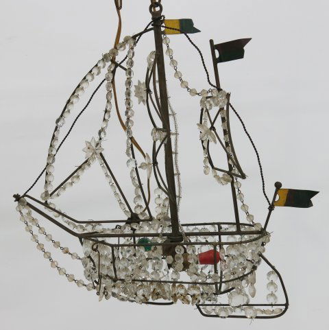 Italian gilt metal and crystal hall light: Shaped as a sailing vessel. Handpainted flag. Approx. 17" x 16". (From the Estate of Chris Peckham)