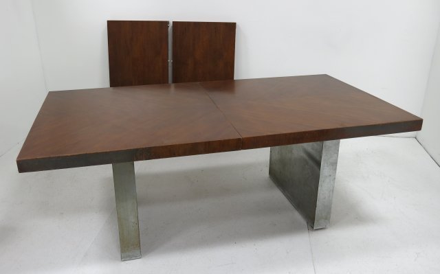 Chrome and walnut extension dining table: Milo Baughman for Thayer Coggin. Including 2 leaves, 29 1/4" H, 40" W, 78" L. Each leaf 22" W. Condition: veneer worn along edges.