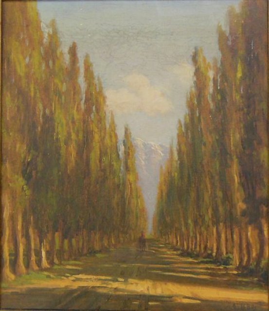 Tree Lined Path, Alberto Lobos: Framed, oil on canvas. Approx. 11.75" x 13.5" w/o frame, 14" x 16" with frame.