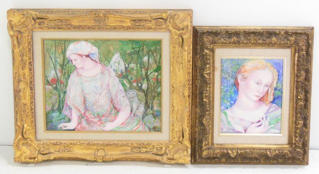 2 oil on canvas by Jacques Bogri: "Woman with Cat", approx. 13 in. x 16 in w/o frame, 21 in. x 24 in. with frame. "Portrait of a Woman". approx. 10.5 in. x 8.5 in w/o frame, 18.5 in. x 16.5 in. with frame. Jacques Bogri, French (Born 