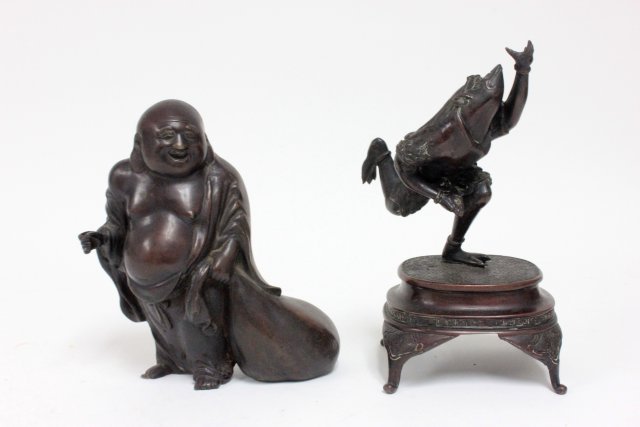 2 Chinese bronze figures: Includes: God of Good Fortune (missing staff) and The Frog Prince. 8" H and 10" H respectively. (From the Estate of Chris Peckham)