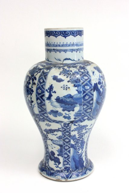 19th c. Chinese porcelain baluster vase: Blue & white, with "12 Scenes", drilled for a lamp, Ming mark. Has crack with old staple repair. Approx. 16" H.