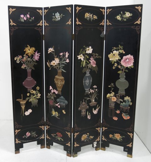 Chinese polychromed black lacquer screen: Cracks & chips. Each panel approx. 72.5" H x 16" W, total 64" four panels.