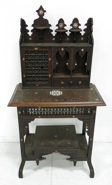 Syrian Mother of Pearl Inlaid Desk: Some losses to mother of pearl. Approx. 55" h, 27 1/2"w, 16" d.
