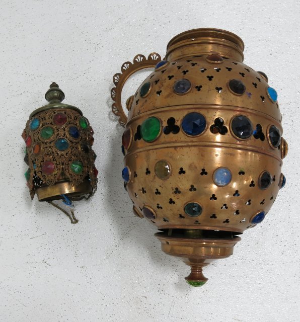 2 Middle Eastern hall lights-brass with jewels: 16"H & 9 1/2"H