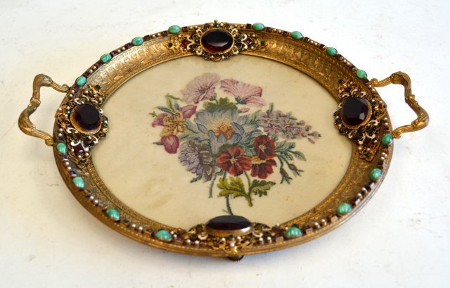 Jeweled brass tray: Austrian vanity tray with floral tapestry insert. 10" D, 10" D including handle.