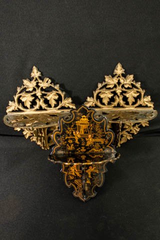 Group Lot of 3 Wall Brackets: Including pair gilt metal - 8 3/4" h, & one black lacquered. Some scratches