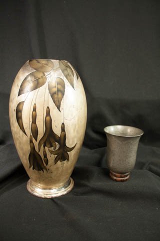 Ikora WMF Dual Painted Vase & Deco Cup: The largest 12" high, pewter cup is signed.