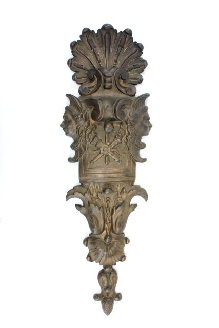 Figural bronze mount piece: Figural bronze mount, originally back splash for sconce. Approx. 19" H. Good condition.