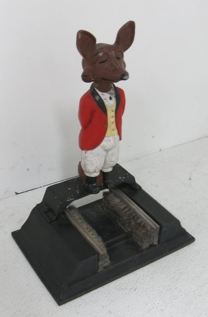 Painted cast iron fox boot scrubber: Approx. 24" H x 17" W. Paint slightly worn.