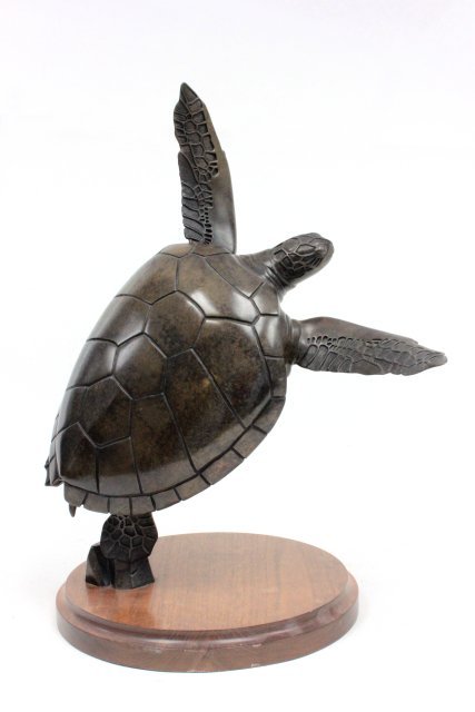 "Turtle", Kirk McGuire: Bronze, mounted on revolving wood base. Signed, Kirk McGuire ca. 89, 3/75, "Voyager". Approx. 26.5" H.