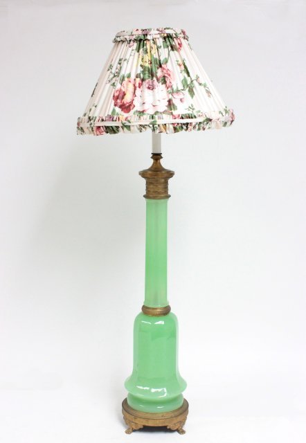 Green opaline glass & bronze mounted lamp: Column lamp. Approx. 26" H. Good condition.