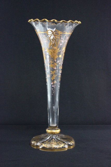 Large Moser style gilt crystal vase: Approx. 20" H. Flake on base
