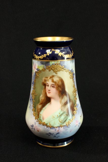 Royal Bonn hand painted and gilt porcelain vase: Signed Bohme. Approx. 9" H.
