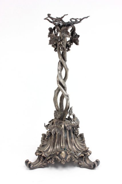 Elkington silver plate foliate cast centerpiece: Approx. 17.5" H. (3919) Missing bowl, otherwise good condition.