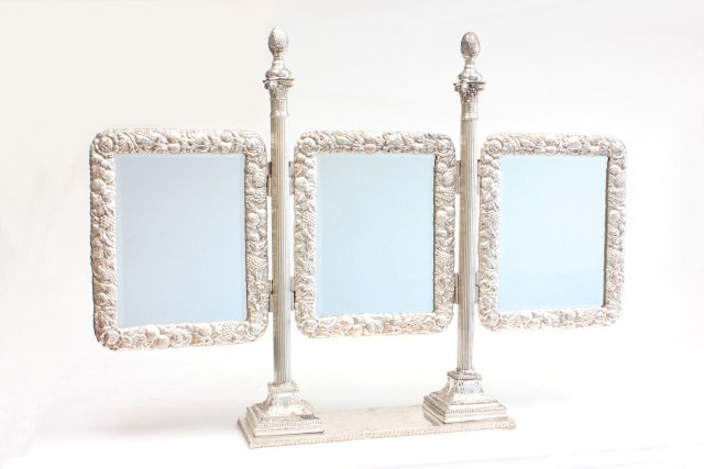 Edwardian silver plate tryptic dressing mirror: Approx. 28.25" H x 38" W. (3423) Slightly tarnished in areas, but otherwise good condition.