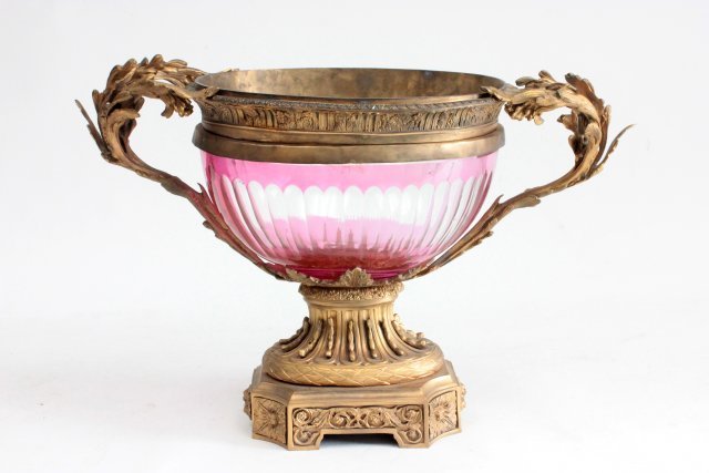 Louis XV style Ormolu & crystal centerpiece: Centerpiece, pink cut to clear crystal. Approx. 14.5" H x 22" W. Wear to gilding.