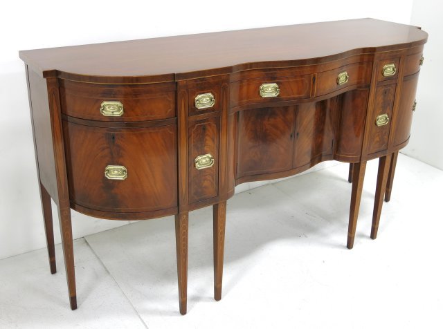 Williams Kimp mahogany serpentine inlaid sideboard: 2 drawers open for wine bottles. Hepplewhite style. Approx. 41" H x 78" W x 26" D. Very good condition.