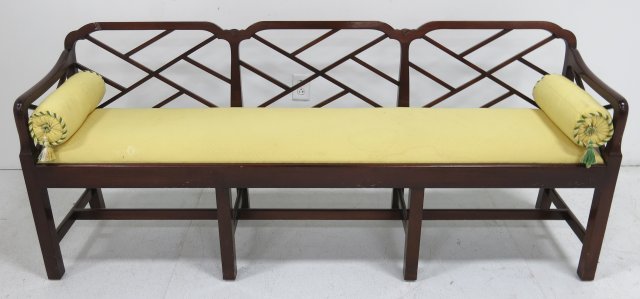 Smith & Watson mahogany window bench: Approx. 30.25" H x 72" W x 18" D. Minor scratches.