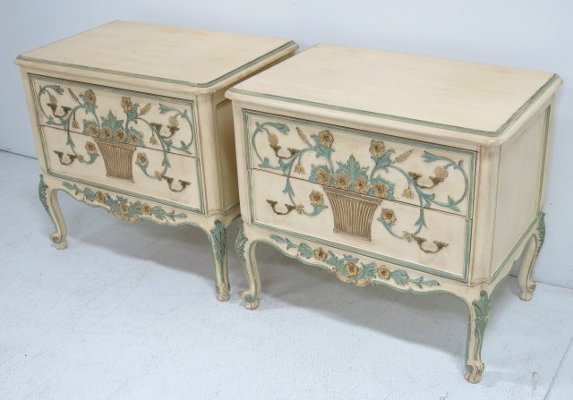 Pair of Louis XV style Italian painted nightstands: 2 doors with metal pulls. Floral decoration. 20th century. Stamped, "Made in Italy". Approx. 25" H x 27" W x 17" D.