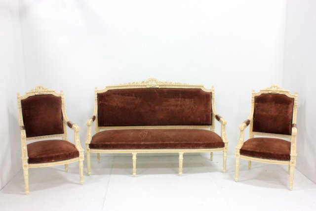 3 piece Louis XVI style sofa & 2 arm chairs: Sofa approx. 45" H x 66" W x 21" D. Chairs approx. 44" H x 24" W x 21" D.