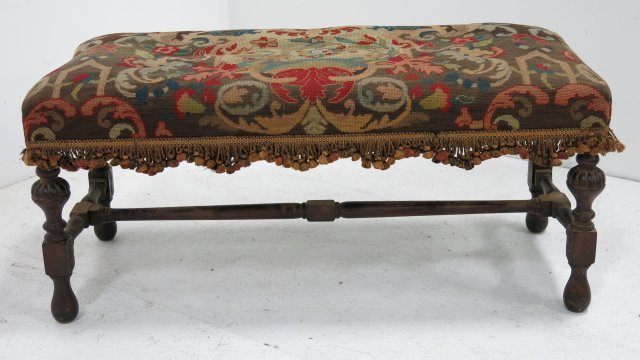 Needlepoint bench: Approx. 19" H x 41" L x 17" D. From the estate of Chris Peckham. Missing 2 stretches on bottom. Some scratches.