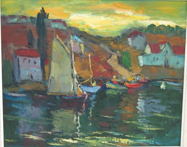 "Harbor Scene", Pacheco Altamirano: Oil on canvas. Framed. Signed lower left, "Pacheco". Castro, Chile, 1971. Arturo Pacheco Altamirano, Chilean (1903-1978). Approx. 19" x 23" w/o frame, 27" x 31" with frame. Some chips to frame, linen 