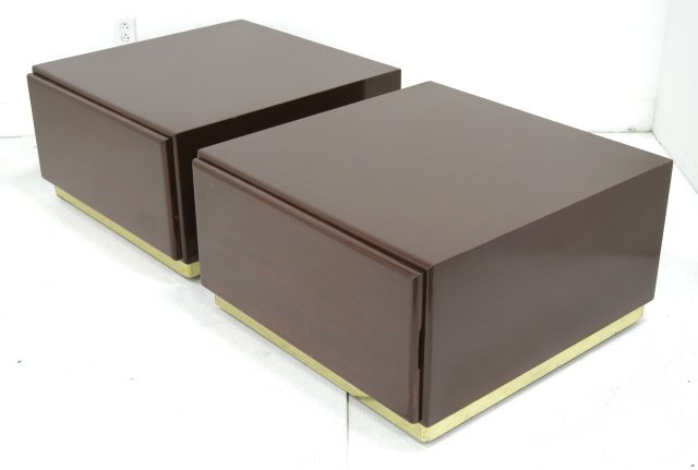 Pair of Milo Baughman walnut square coffee tables: On casters with drawer. Thayer Coggin. Approx. 18" H x 32" W x 32" D. Wear to top and sides.