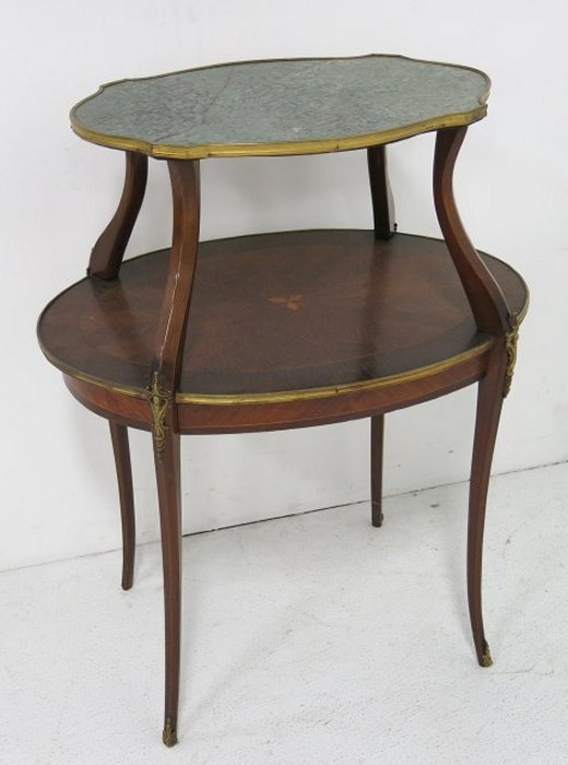 French two tier marble top inlaid dessert stand: Louis XV style, 34" H x 27" W Marble cracked