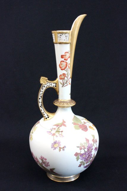 Royal Worcester reticulated Ewer: Ca. 1880's. Two gold patinas. Royal Worcester mark. Approx. 17.5" H.