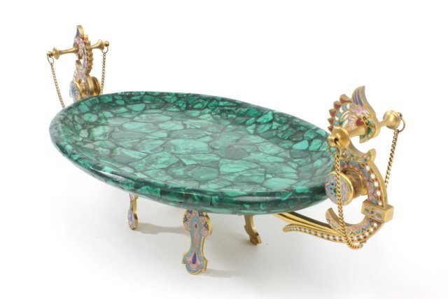 Malachite & enameled bronze centerpiece: "Dragon" motif, splayed bronze & enameled legs, attributed to Barbedienne. Approx. 6.75" H x 15.75" across x 8" D. Good condition.