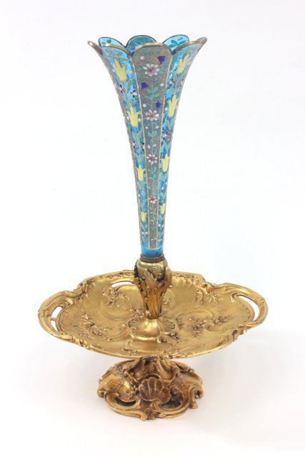 Moser, enamel & glass epergne: Mounted on rococo bronze base. Approx. 17" H x 11" x 9.5". Good condition.