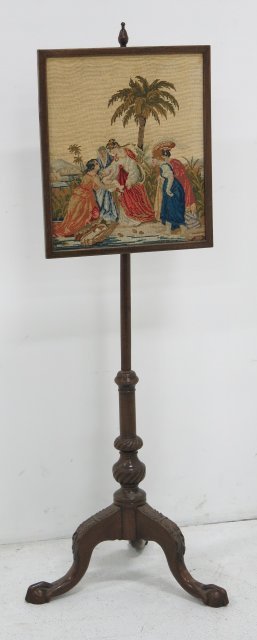 "Discovery of Moses" embroidery in stand: Petit point embroidery in mounted, carved wood adjustable stand. Embroidery approx. 18.75" H x 16" W, stand total approx. 54" H. Good condition.