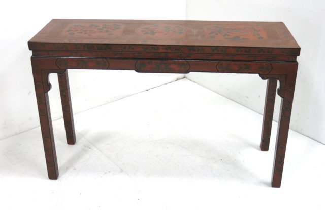 Sister Parish Chinese scarlet lacquer console: 18th/19th century. Approx. 31.75" H x 49.5" W x 15..75" D. Provenance: Stair & Company, John Stair, New York. Sister Parrish. (3447)