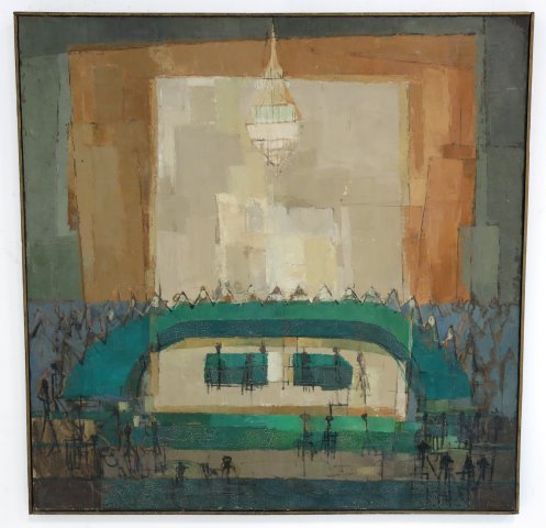 "International Conference, '57", Walton: Oil on canvas. Abstract. Framed. Signed lower right. William Walton, American (1909-1994). Approx. 45" x 45" with frame.