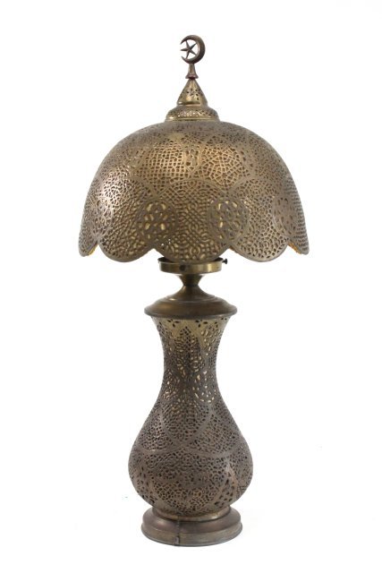 Middle Eastern brass table lamp: Approx. 27.5" H. (3453) Good condition.